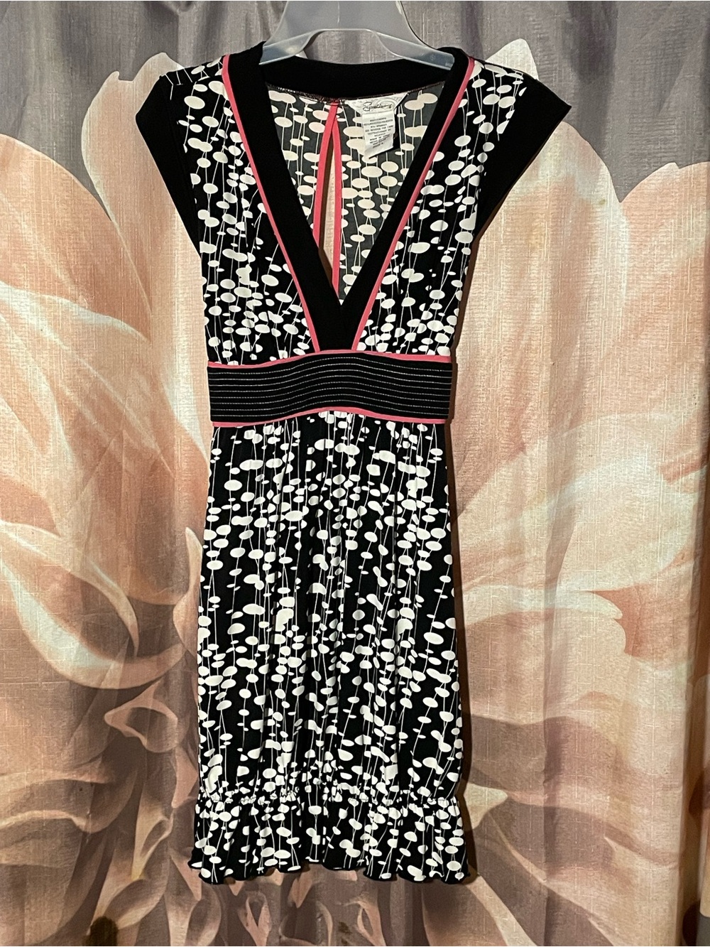 Speechless Black & White Printed V-Neck Mini Dress with Pink Trim